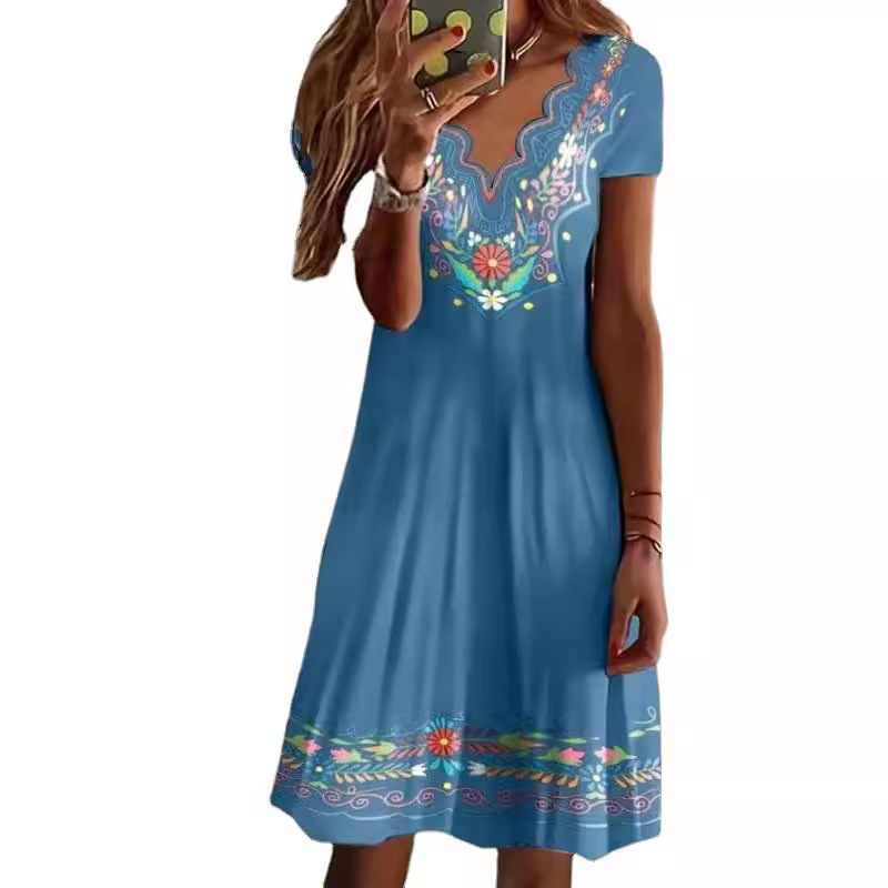Women's Wave V-Neck Floral Print Short Sleeve Casual Dress