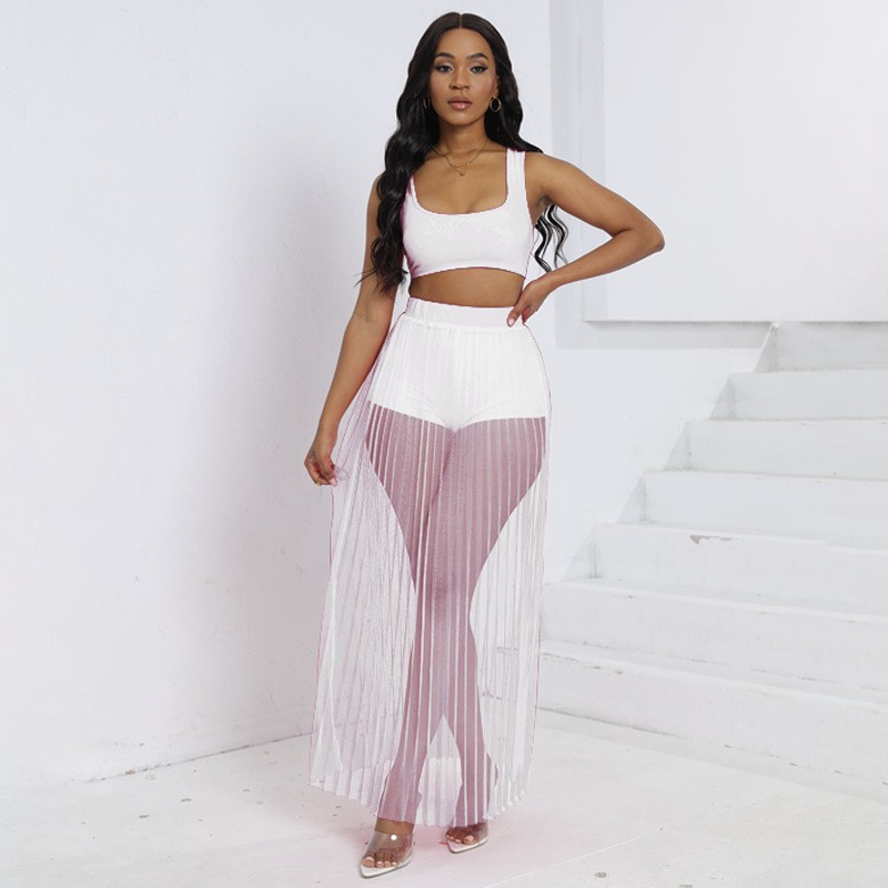 Women's Sheer Pleated Mesh Tank Top Skirt Shorts 3-Piece Set