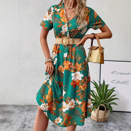 V-Neck Short Sleeve Floral Print Midi Dress