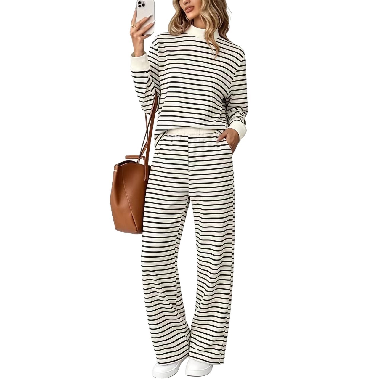 Women's Colorblock Striped Two-Piece Set with High-Waist Wide-Leg Pants