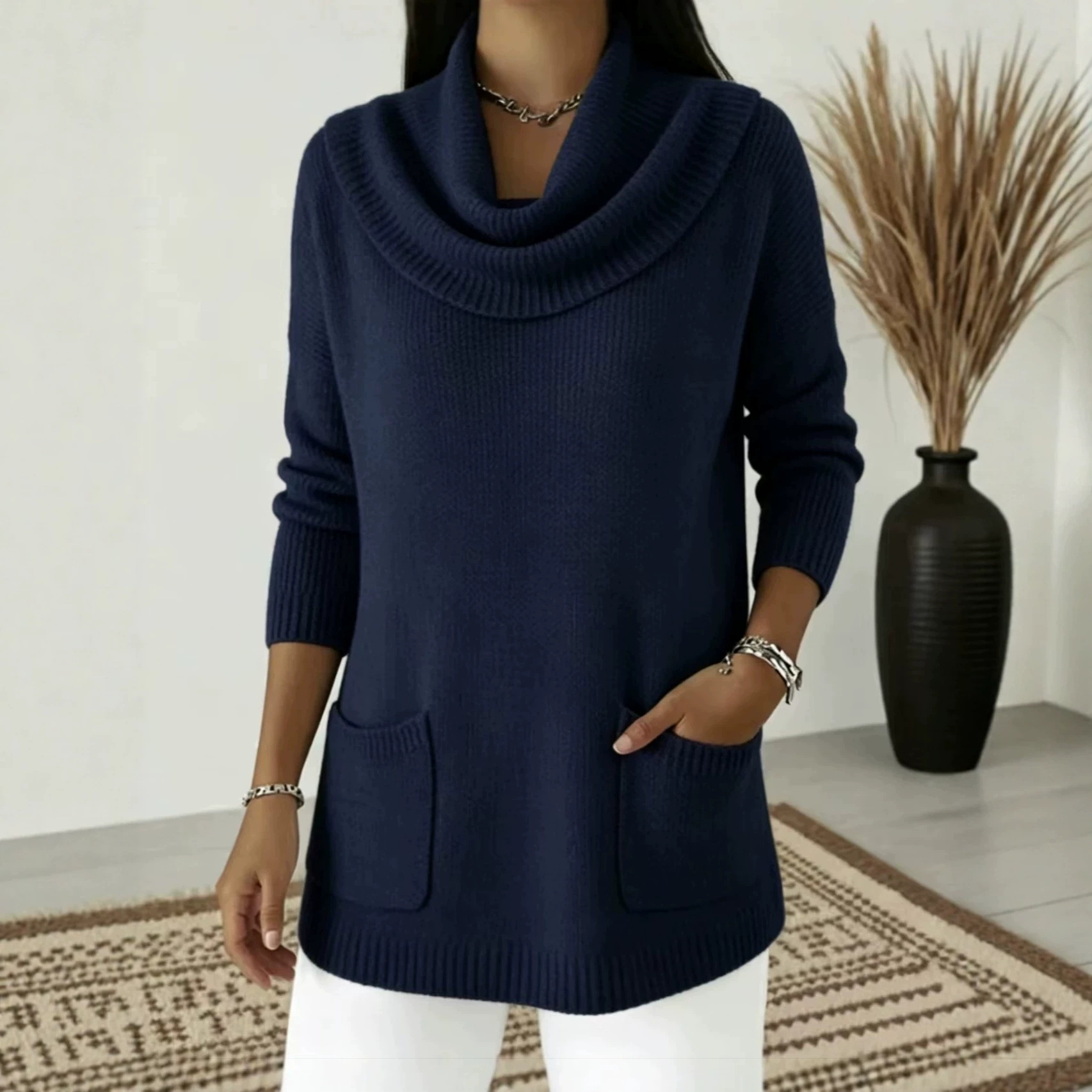 Women's Solid Color Pocket Long Sleeve Sweater