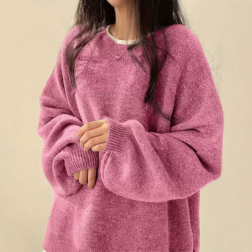 Women's Solid Crewneck Pullover Sweater Casual Long Sleeve Drop Shoulder Slit Knit Top