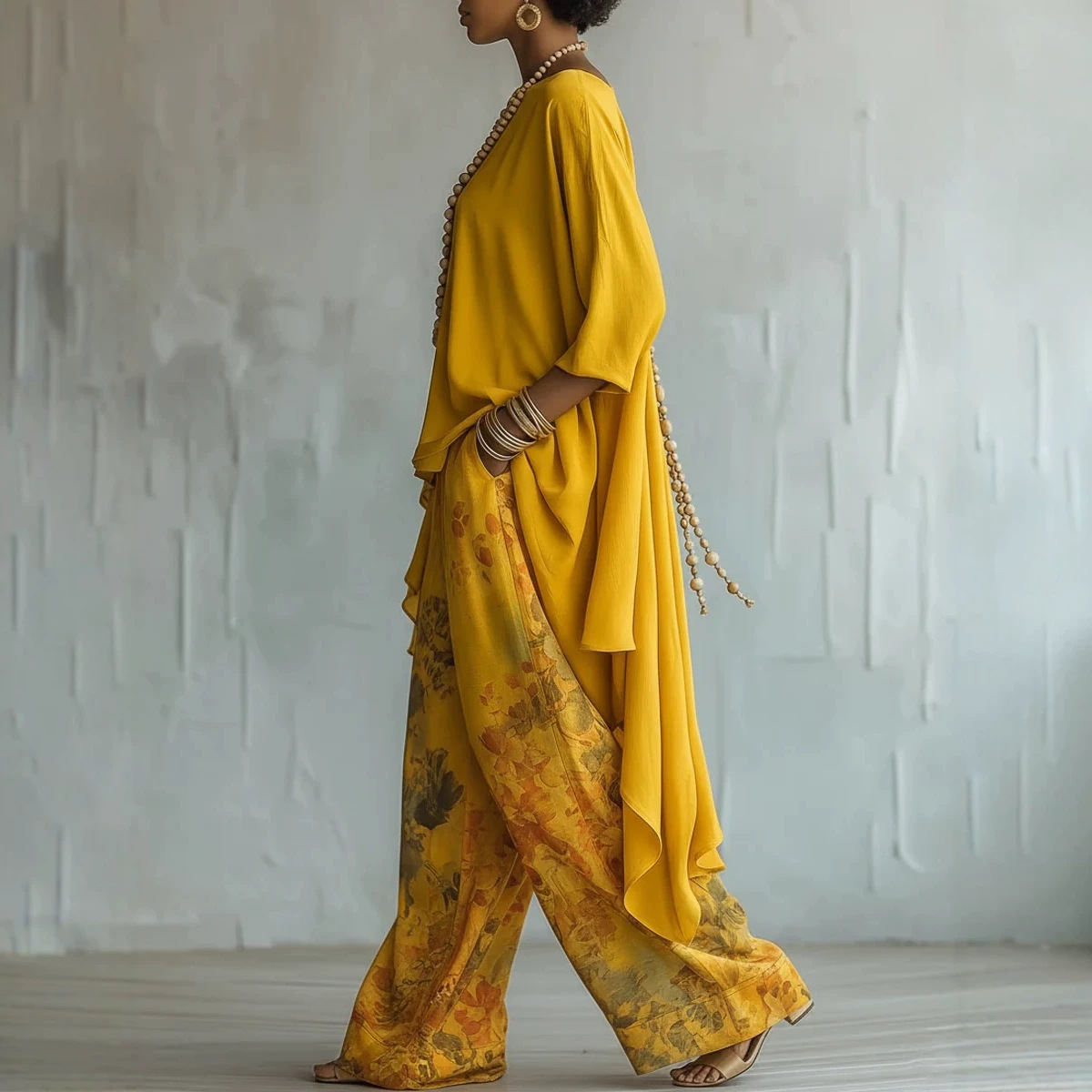 Digital Print Wide-Leg Pants and Crewneck Long-Sleeve Top Two-Piece Set