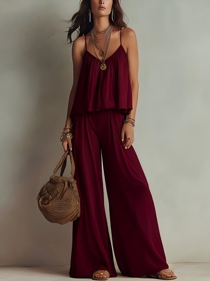 French Square-Neck Cami & Wide-Leg Pants Two-Piece Set