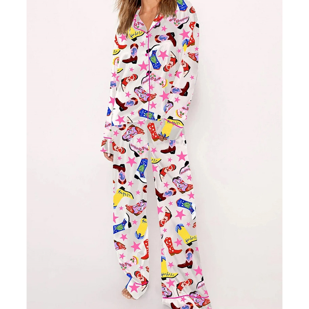 Women's Long Sleeve Printed Pajama Set with Shoe Print, Loose Casual Loungewear, Sweet and Stylish Two-Piece
