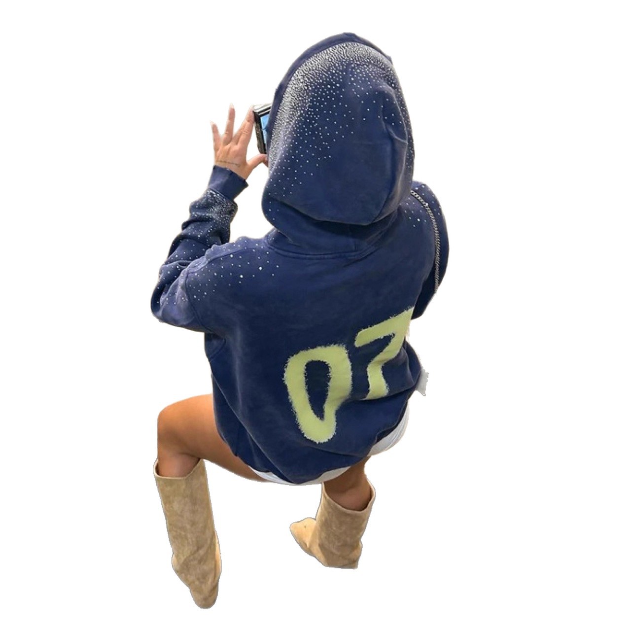 Women's Loose Hooded Long-Sleeve Rhinestone Hoodie with Pockets