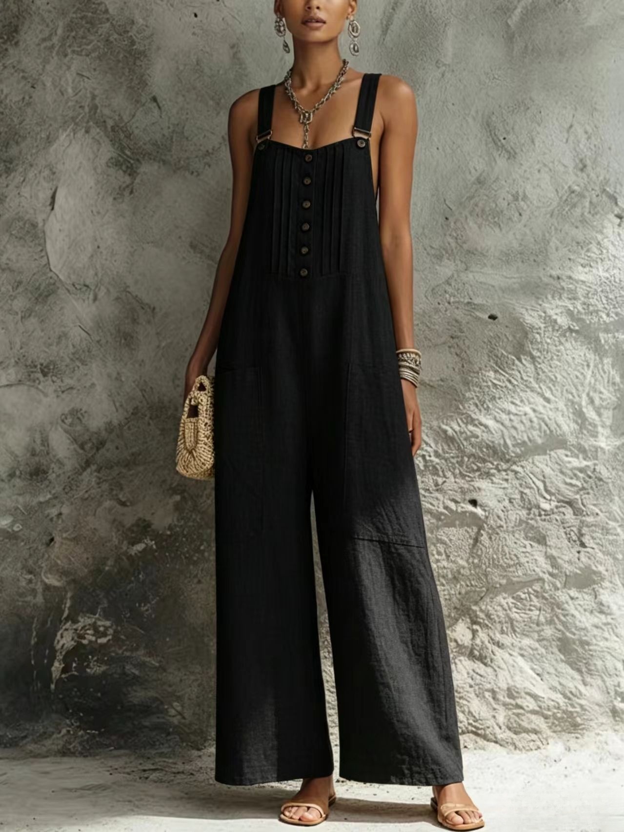 Women's Woven Button Sleeveless Wide-Leg Jumpsuit with Open Back and Pockets