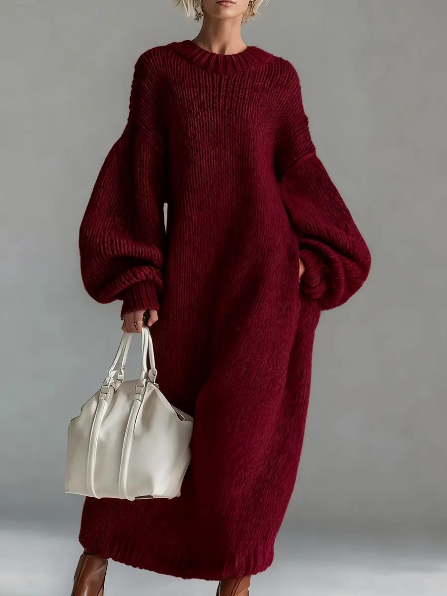 Women's Crewneck Lantern Sleeve Long Knit Sweater Dress
