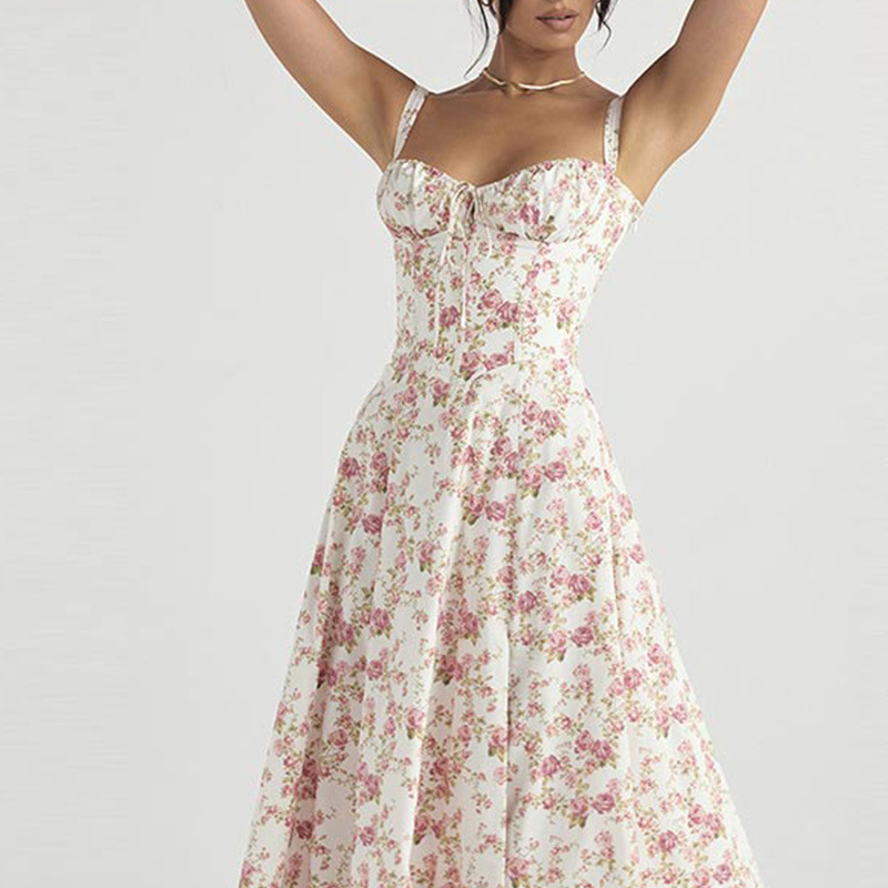 Women's French Floral Open-Back Slit Cami Dress