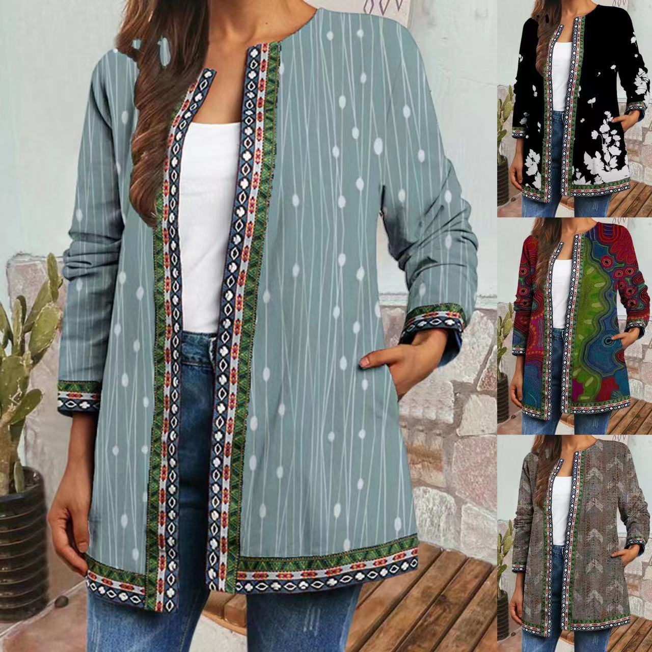9432# Women's Vintage Ethnic Print Long Sleeve Open Front Jacket Cardigan