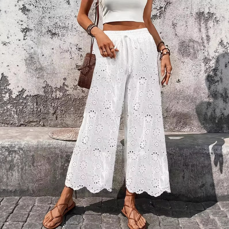 Women's Embroidered Cutout Drawstring Pants Casual Straight-Leg White