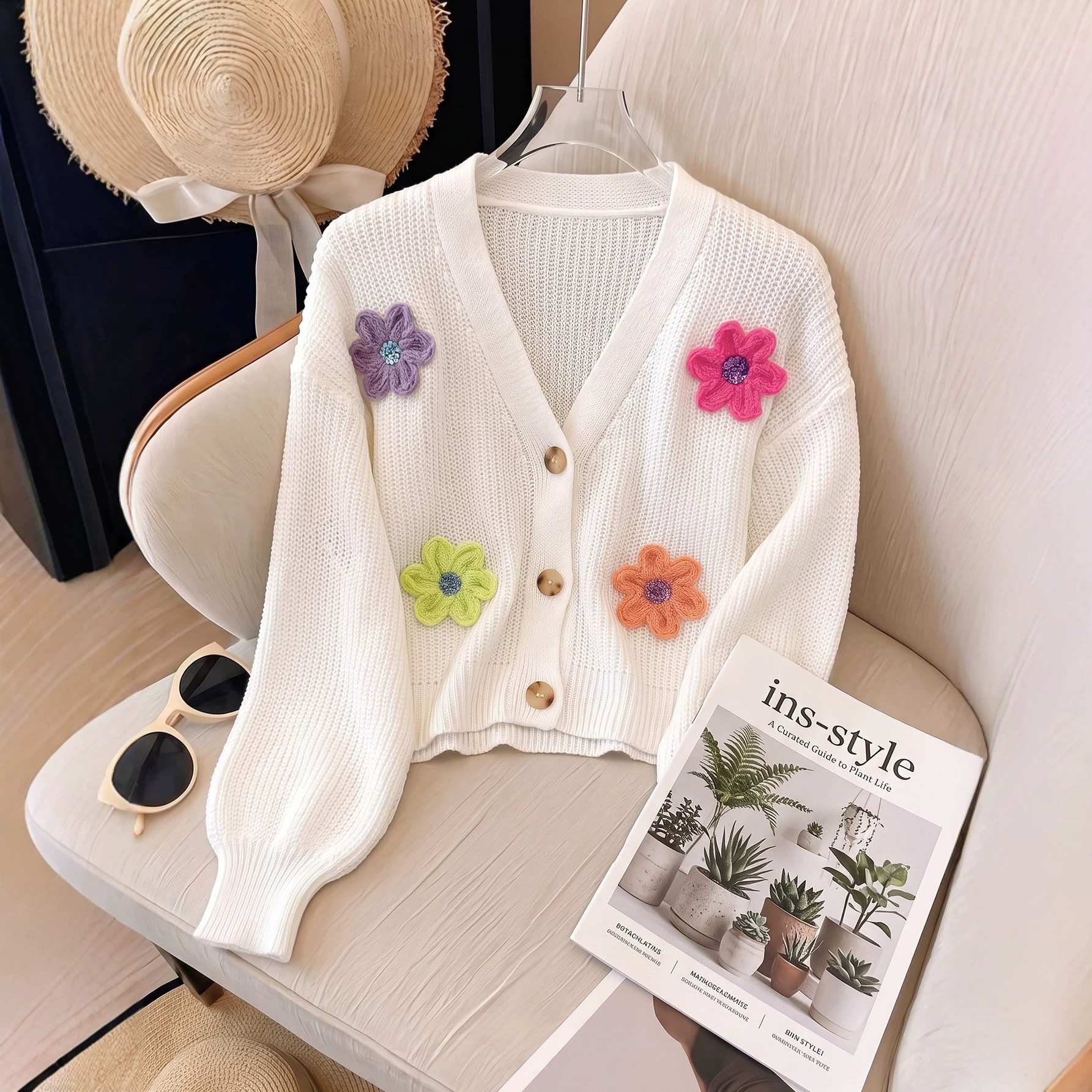 Women's Loose Knit Cardigan with 3D Floral Appliqué