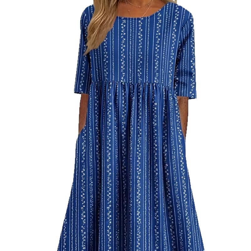 Women's Floral Print Ruched Midi Dress Round Neck Five-Sleeve Slim Fit