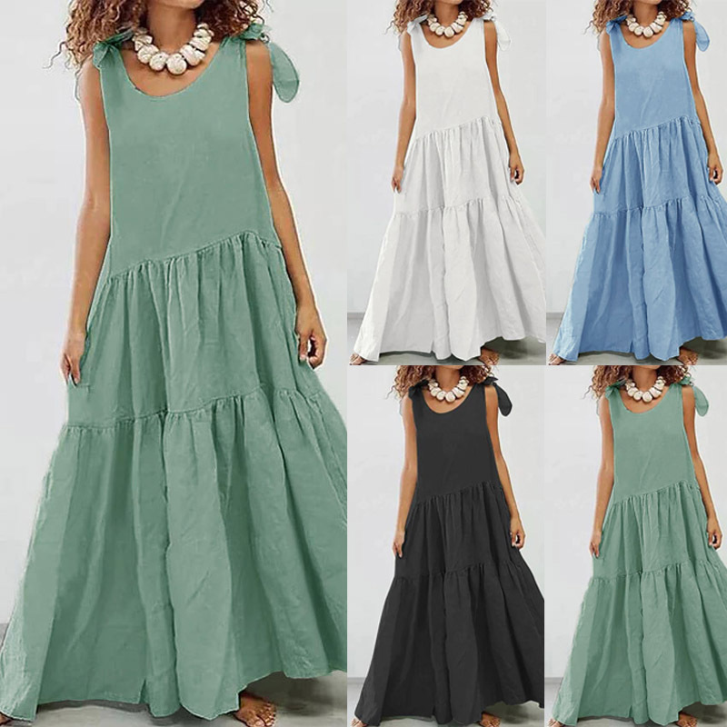 Women's Solid Crewneck Short Sleeve Tiered Ruffle Maxi Dress