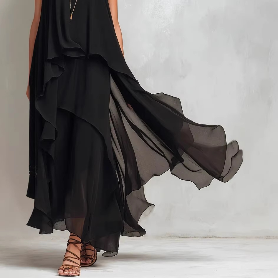 Black Sleeveless Asymmetrical Flowy Maxi Dress