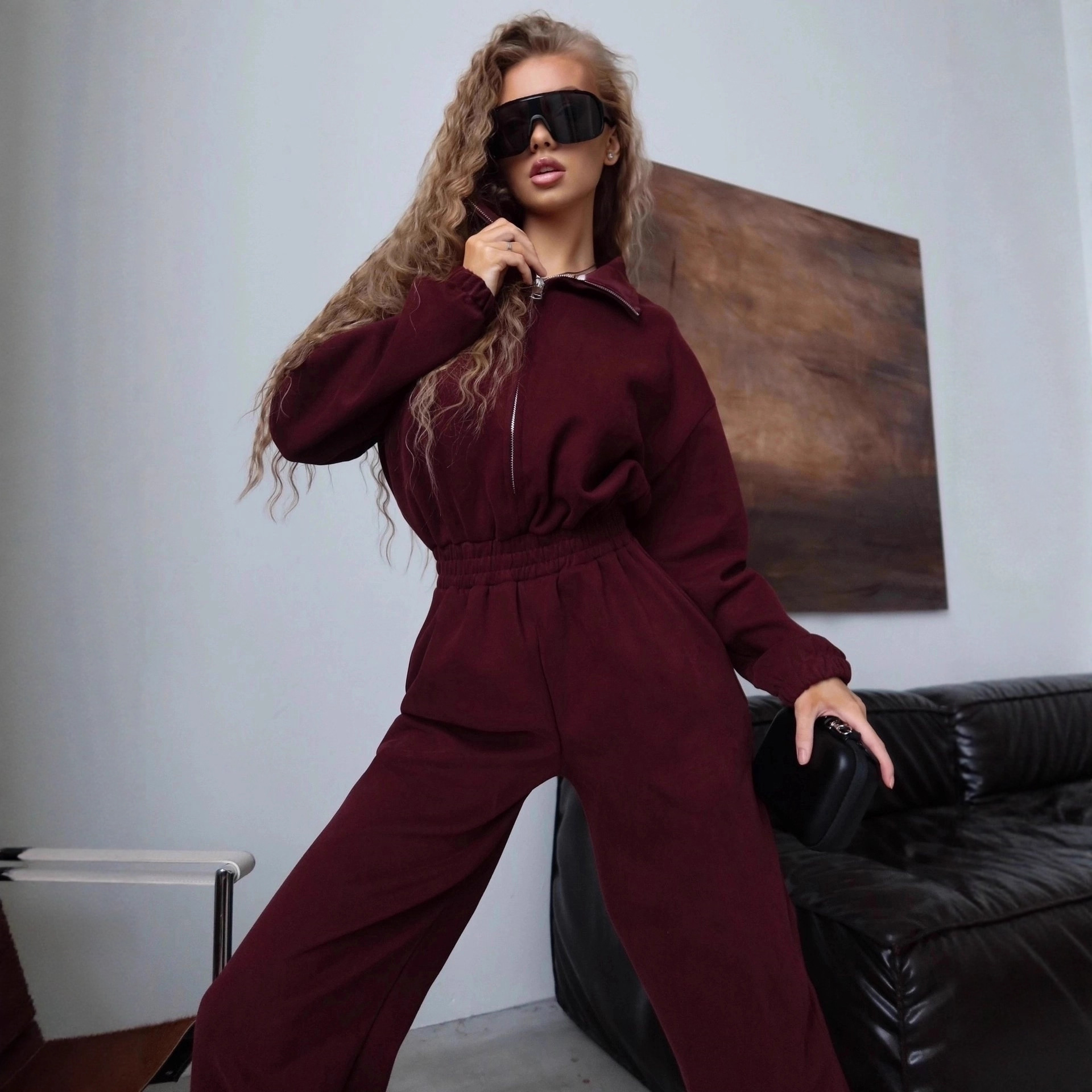 Women's Cotton-Blend Long-Sleeve Zip-Front Collared Jumpsuit Solid Color