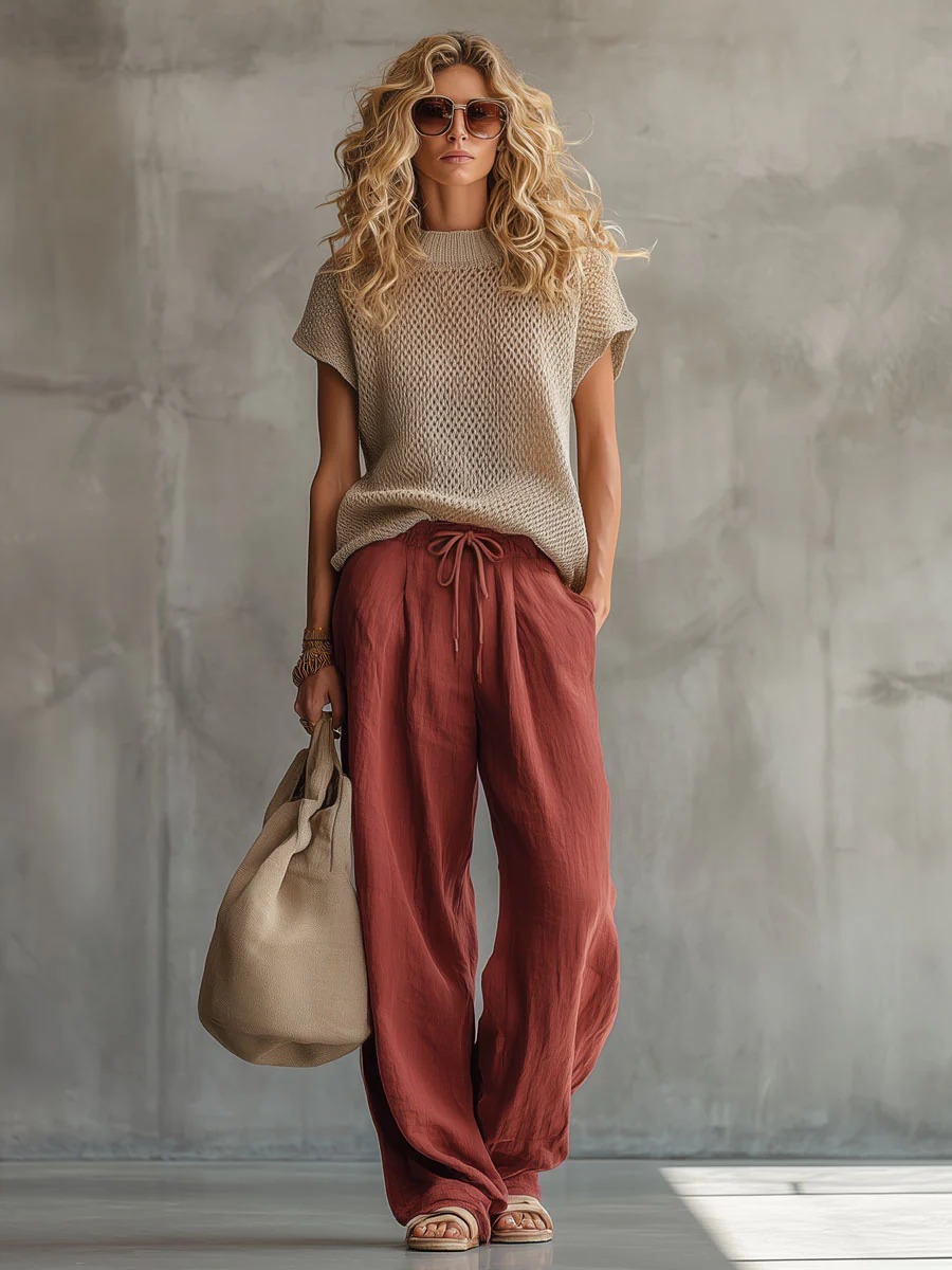 Women's Retro Short-Sleeve Knit Top & Brick Red Cotton-Linen Wide-Leg Pants Set