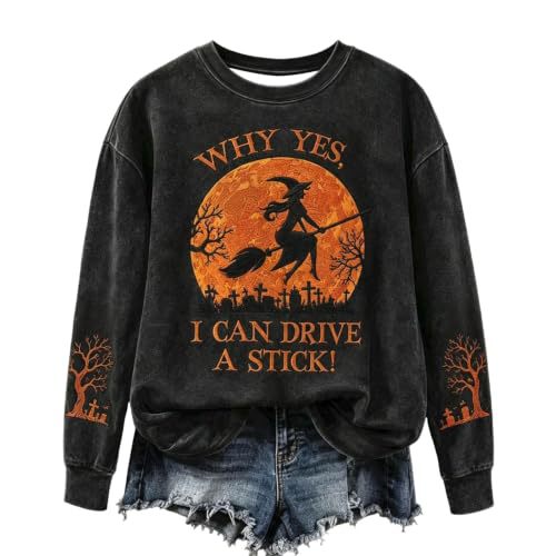 Halloween Witch Castle Print Crewneck Long Sleeve Pullover Sweatshirt