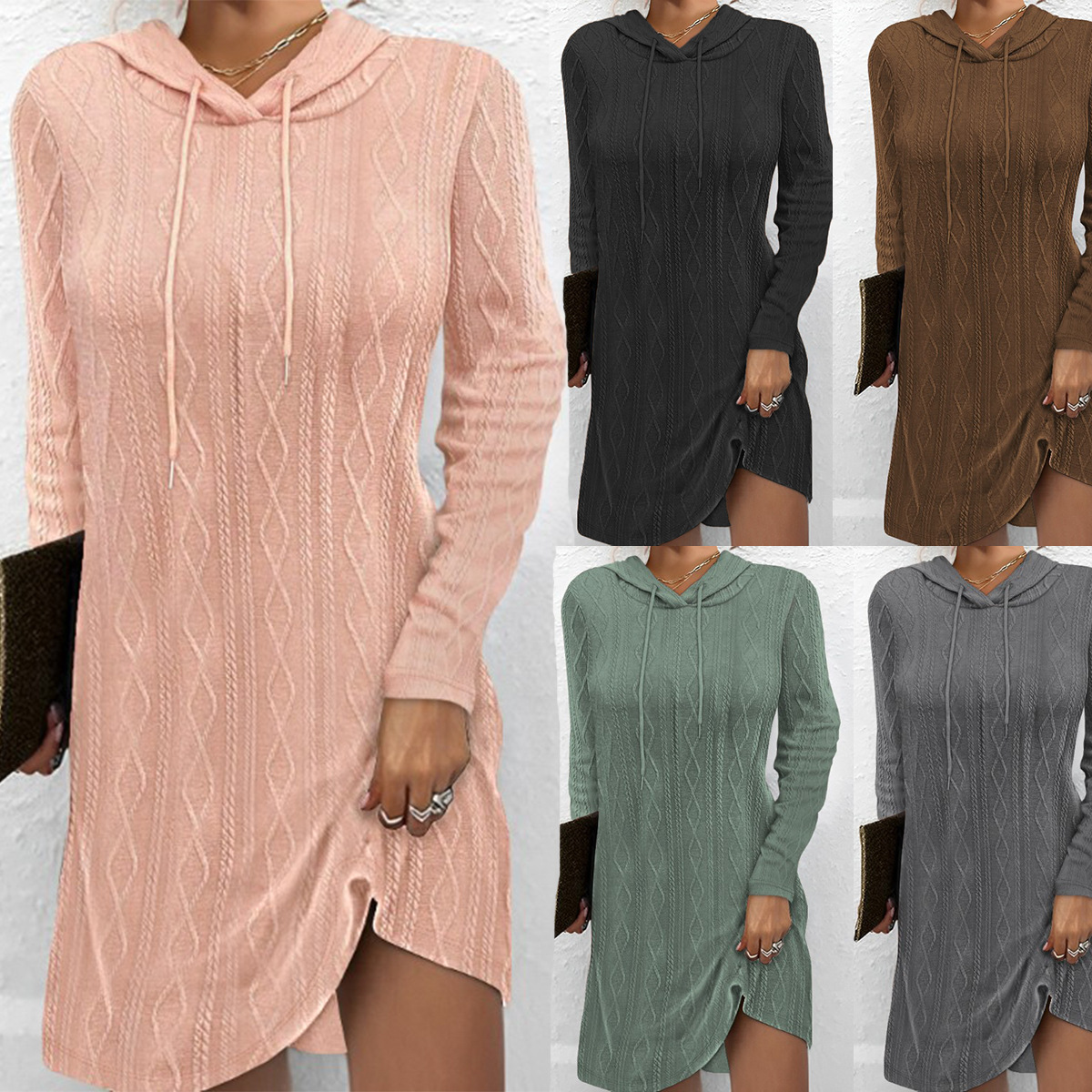 Women's Solid Color Long Sleeve Hooded Knit Dress