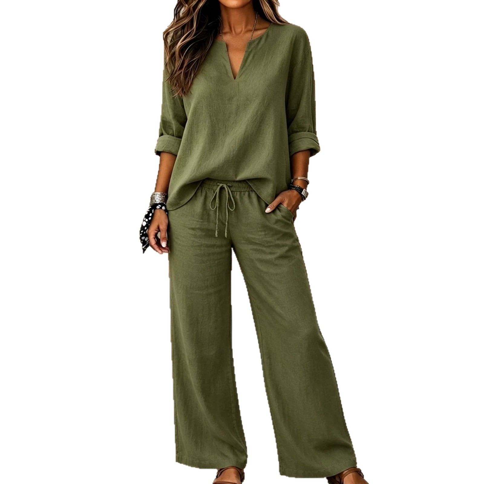 Women's Elegant Casual V-Neck Top and Straight-Leg Pants Two-Piece Set