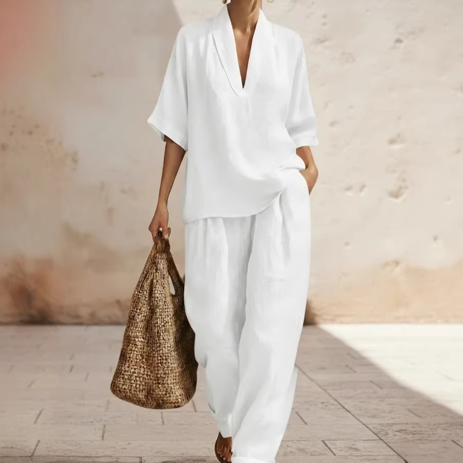 V-Neck Short Sleeve Top & Wide-Leg Pants Set