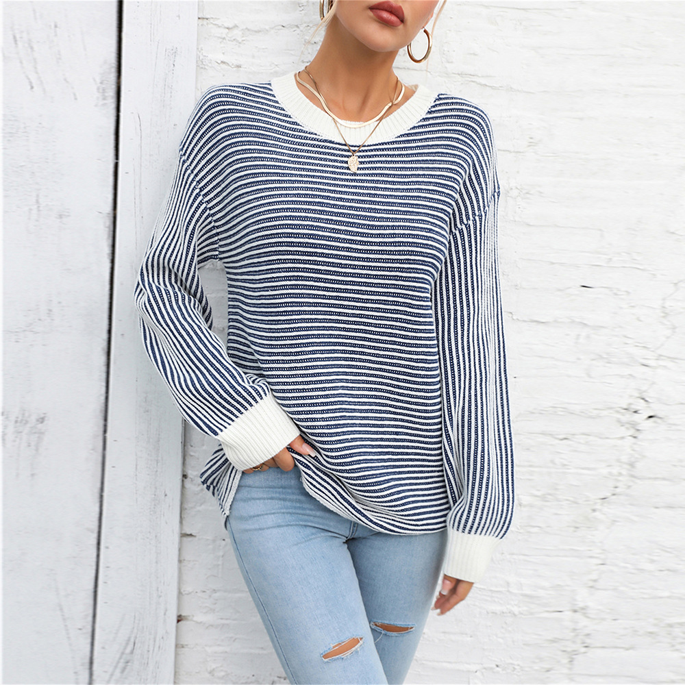 Color-Block Striped Crewneck Pullover Knit Sweater