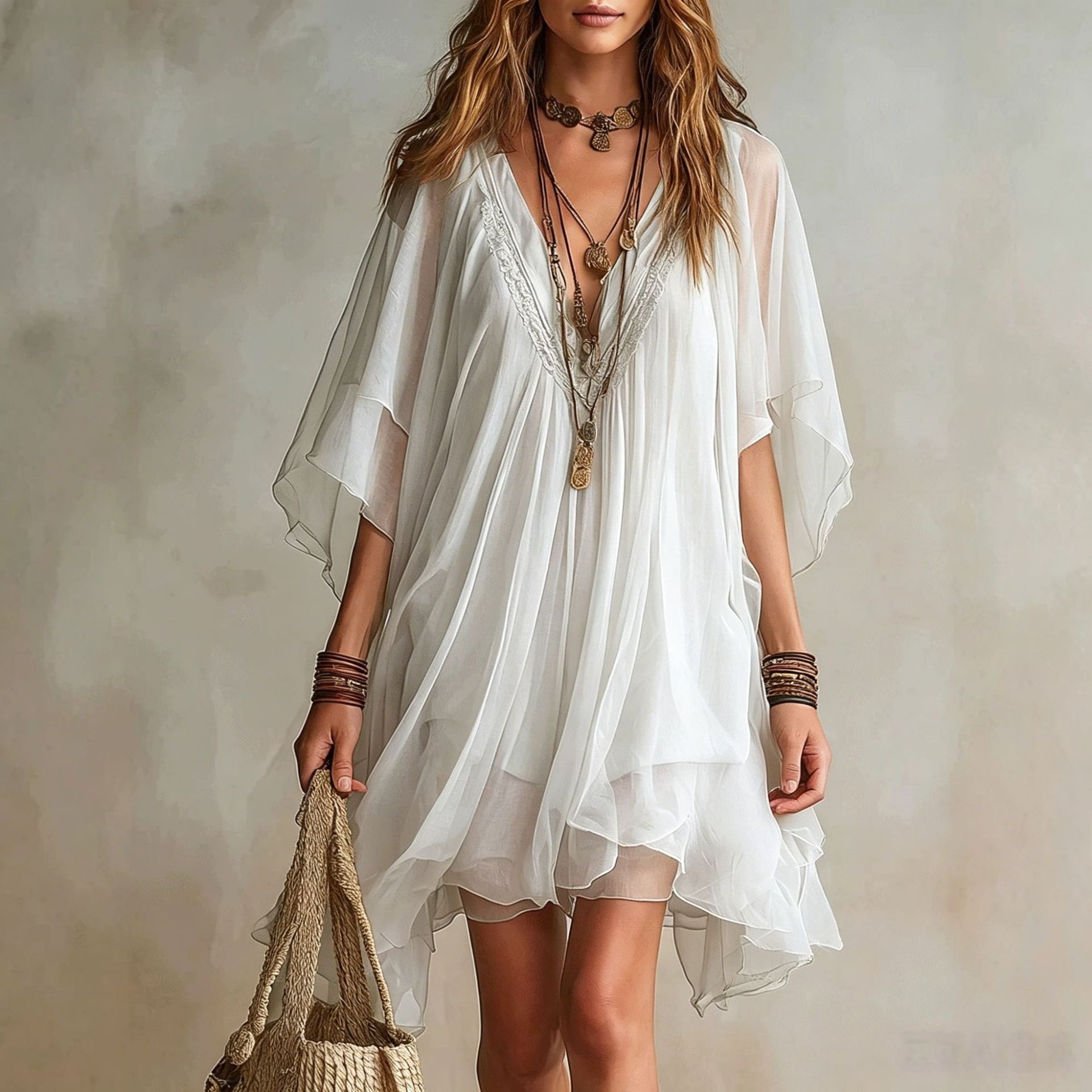Women's V-Neck Chiffon Two-Piece Dress Set with Loose Beach Cover-Up