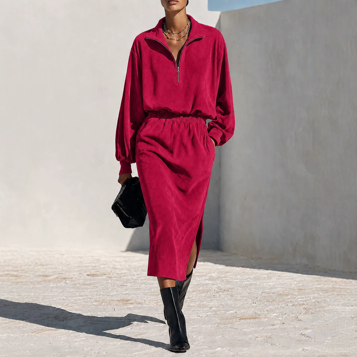 Women's Half-Zip Stand Collar Sweatshirt and Skirt Two-Piece Set