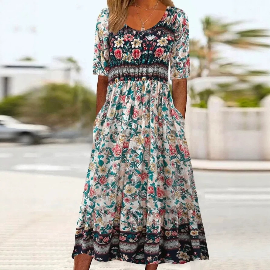 Women's Boho Floral Print Short Sleeve Midi Dress