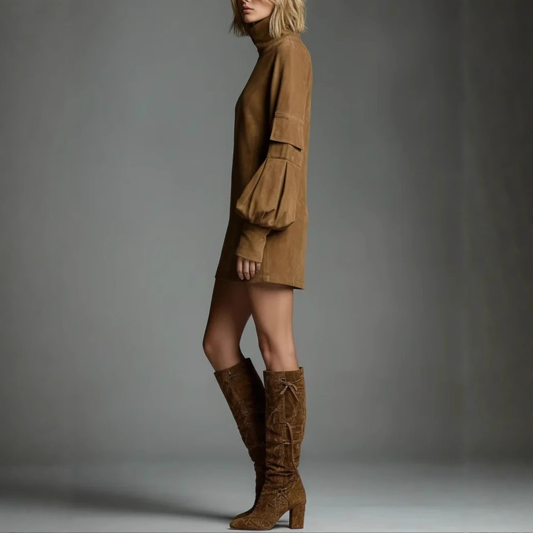 Faux Suede High Neck Long Sleeve Mini Dress with Pockets