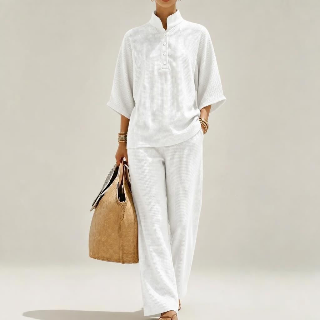 2026 New Casual Loose Stand Collar Set Breathable Waffle Wide-Leg Pants Two-Piece Set European American Best-Seller Women's Clothing