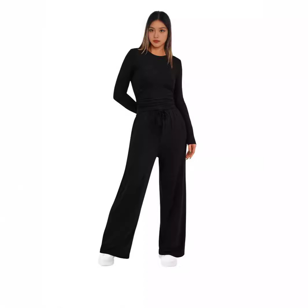 Solid Color Ruched Waist Long Sleeve Top and Pants Set