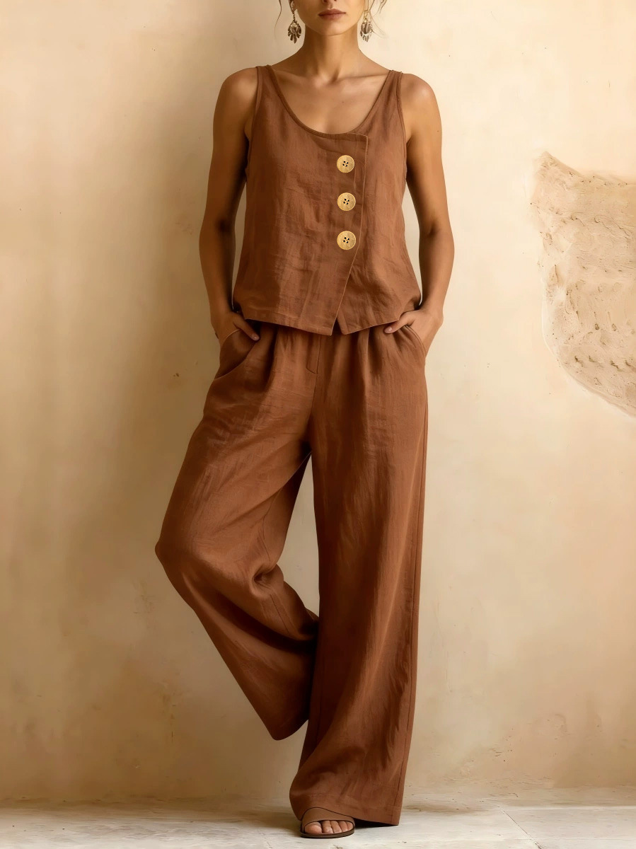 Women's Sleeveless Vest & Wide-Leg Pants Cotton-Linen Two-Piece Set