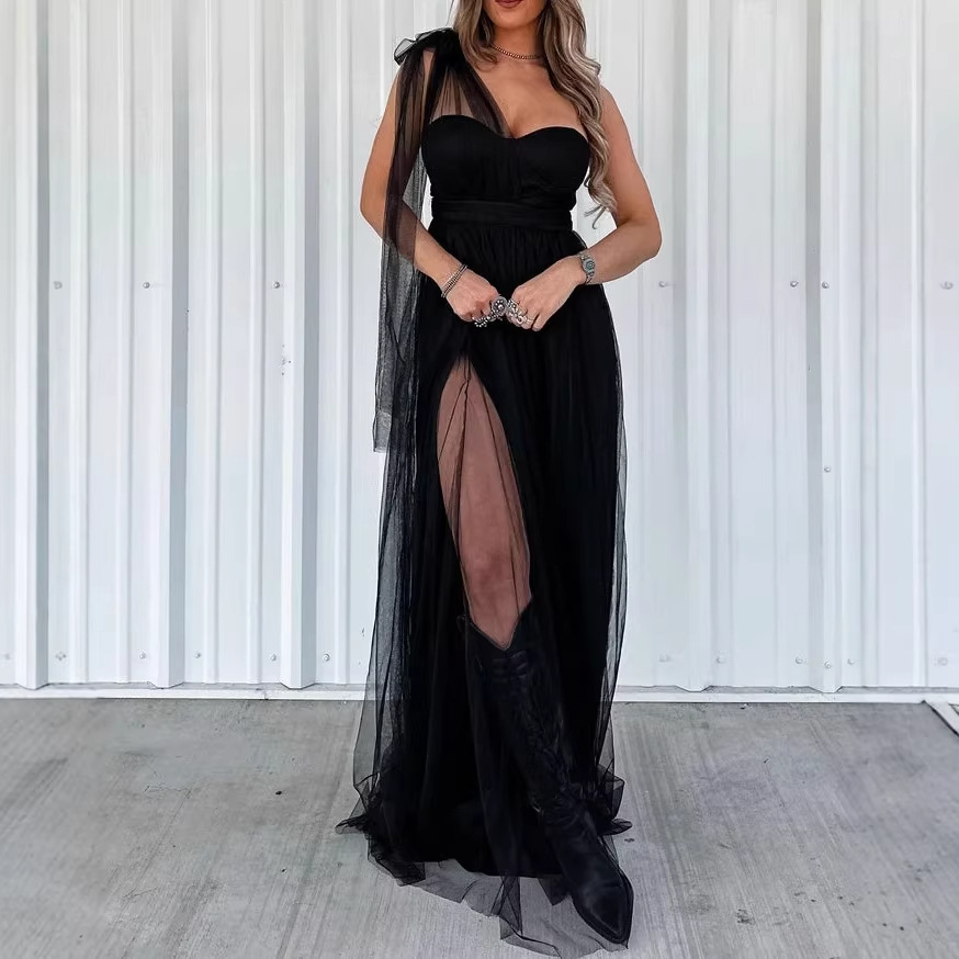 Mesh Panel Halter Maxi Dress with Open Back