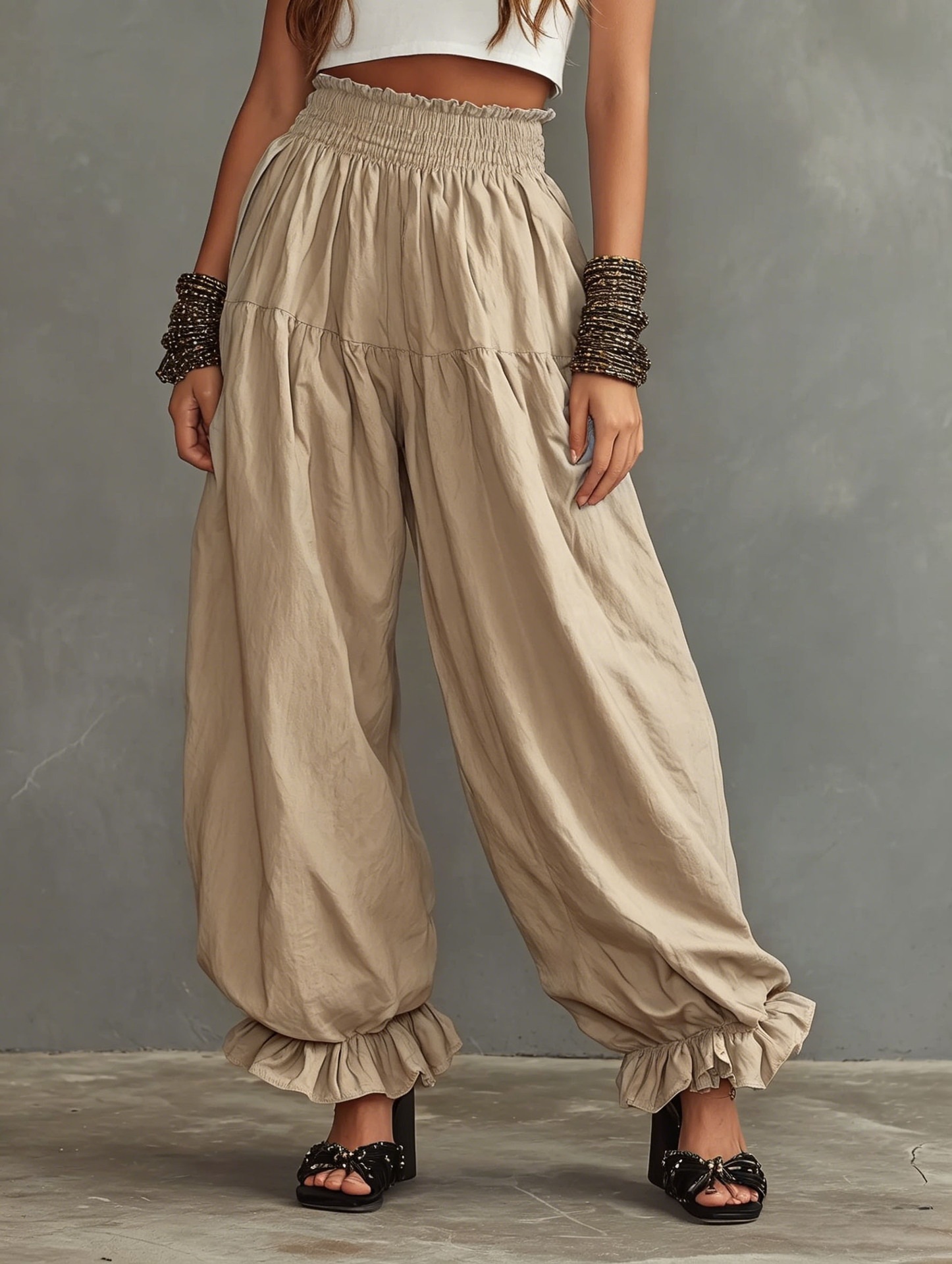 Women's Loose Ruffle Hem Lantern Pants Casual High Waist
