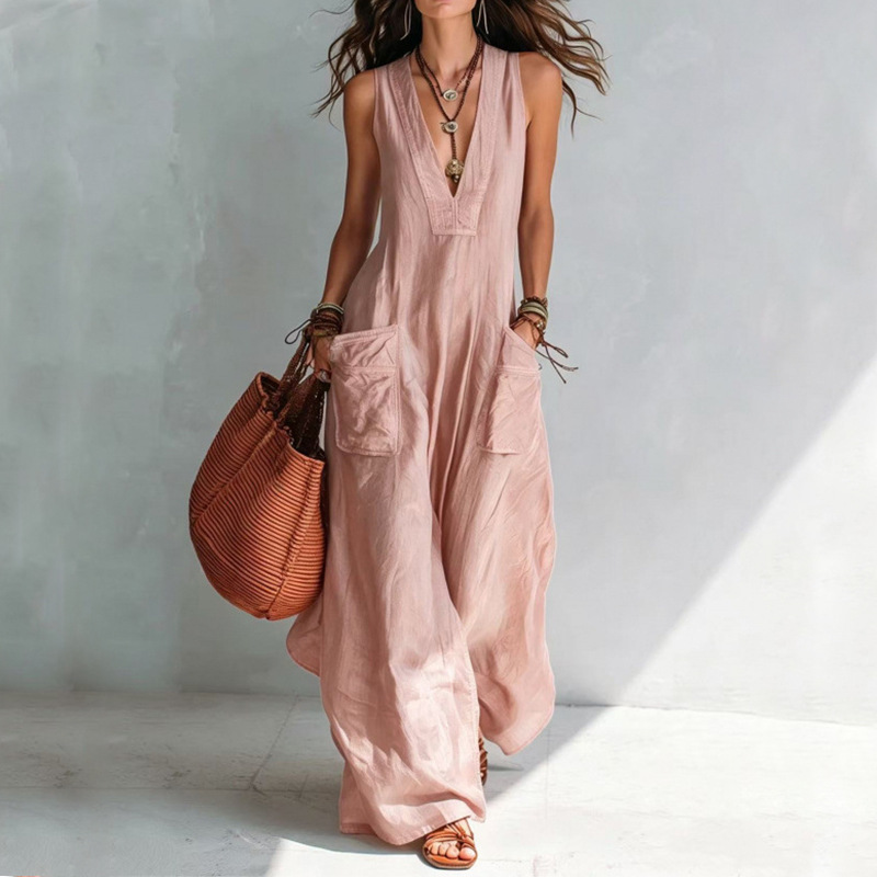 Women's Solid V-Neck Loose Wide-Leg Jumpsuit with Pockets
