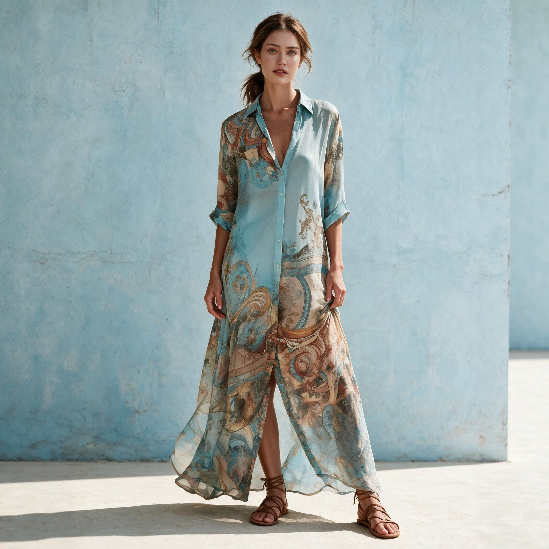 Floral Print Long Dress with Silk-Like Texture, Vacation Style, Elegant A-Line