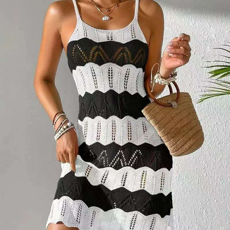 Women's Colorblock Knit Beach Cover-Up Dress Sleeveless Midi