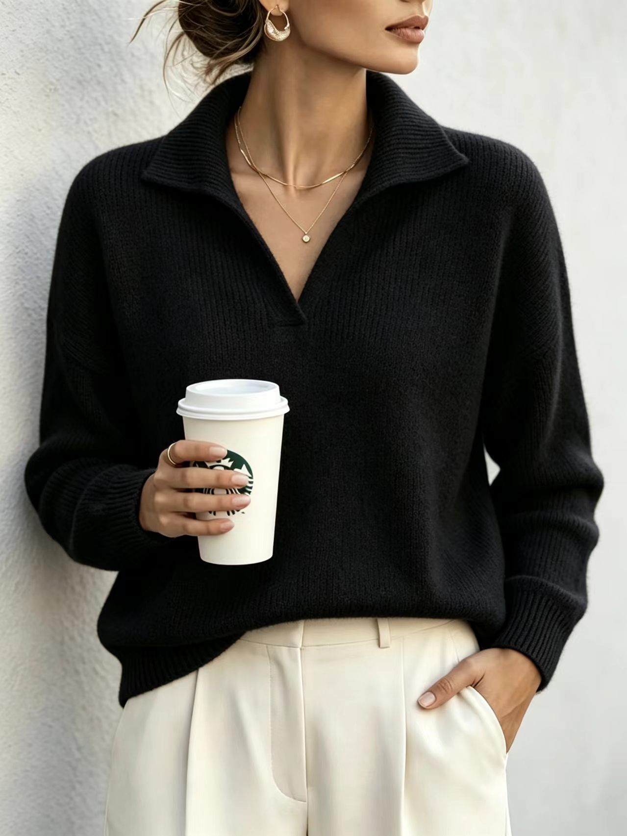 V-Neck Pullover Sweater Top Elegant Commuter Style Women's