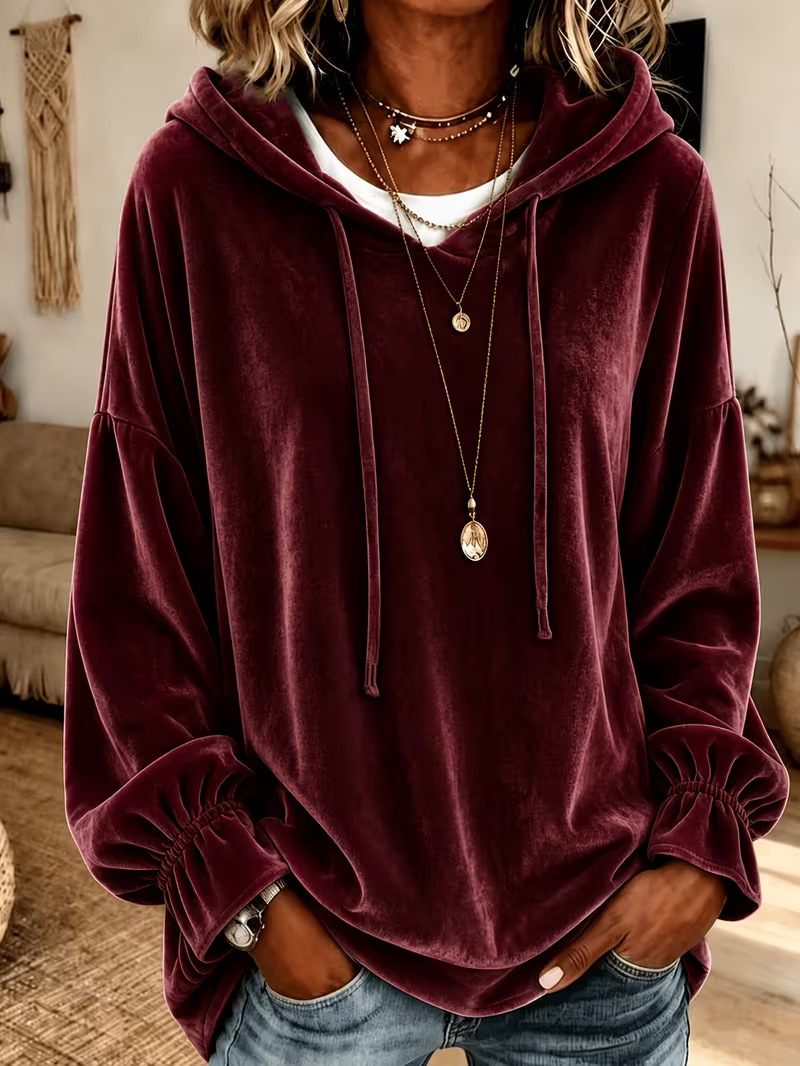 Women's Loose Hooded Velvet Sweatshirt with Drawstring