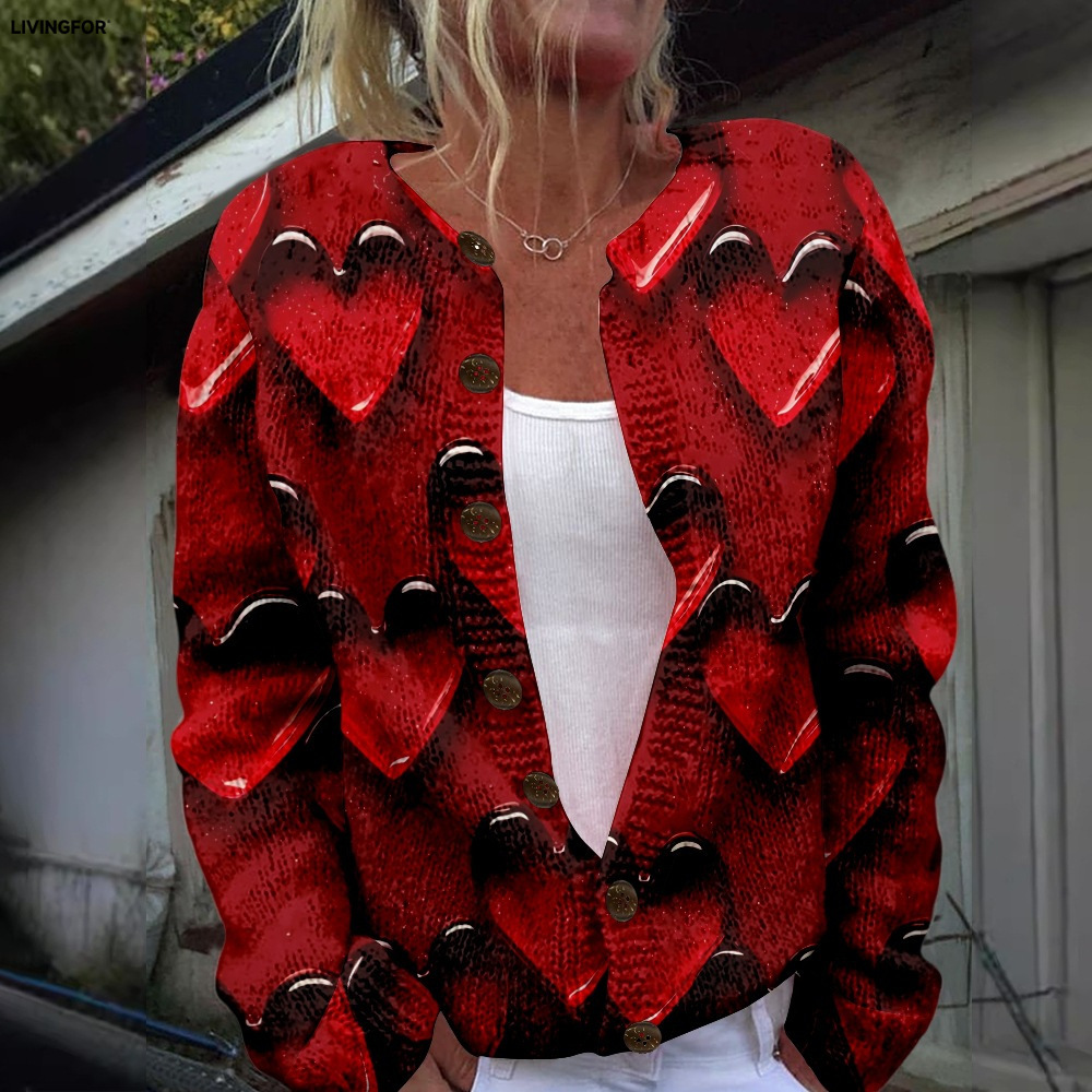 Women's Heart & Flower Print Button Cardigan Sweater