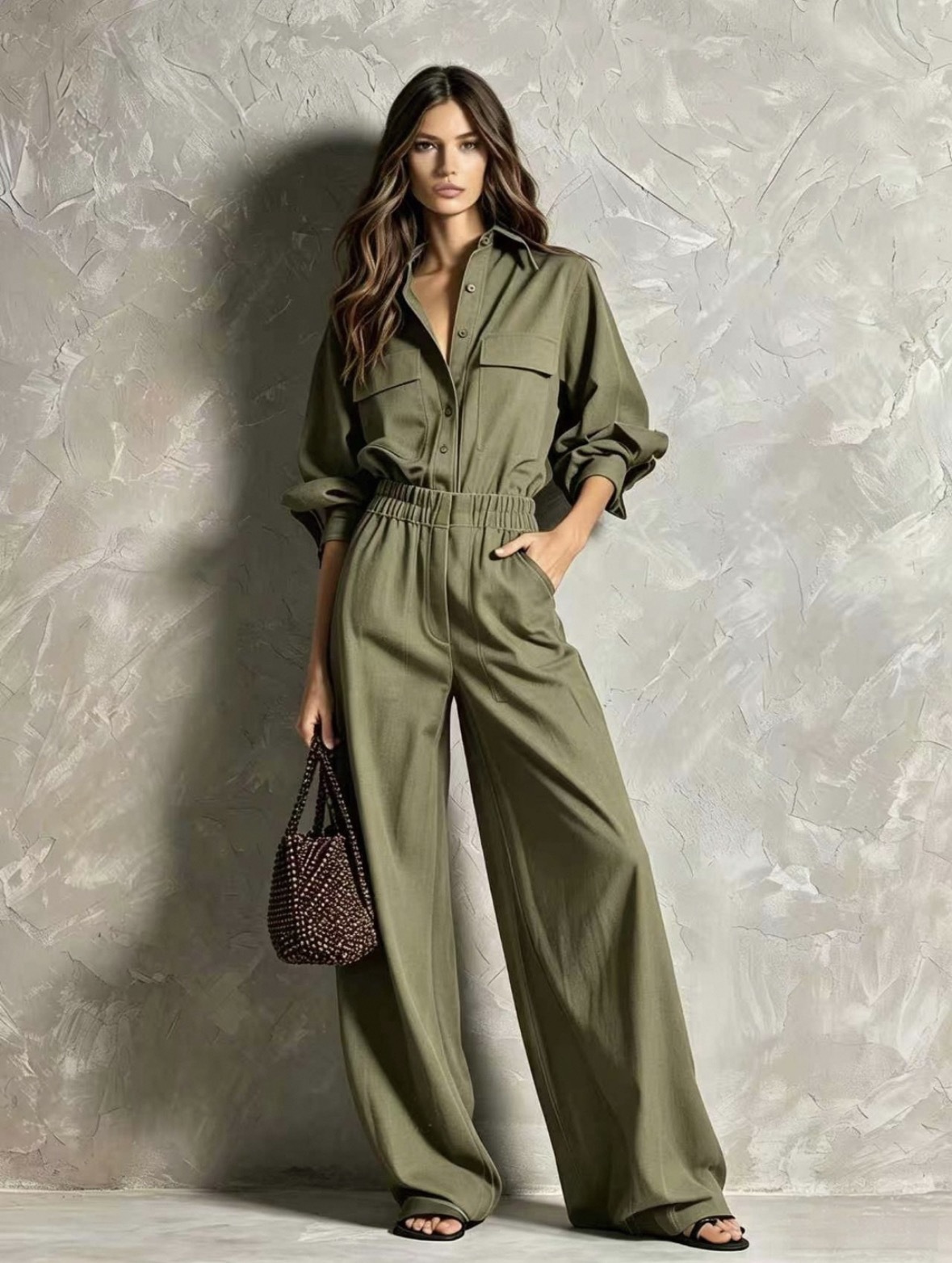 Women's High-Waist Wide-Leg Jumpsuit with Shirt Collar and Elastic Waist