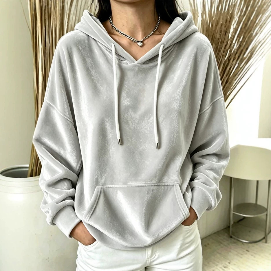 Velvet Hooded Drawstring Pocket Pullover Sweatshirt