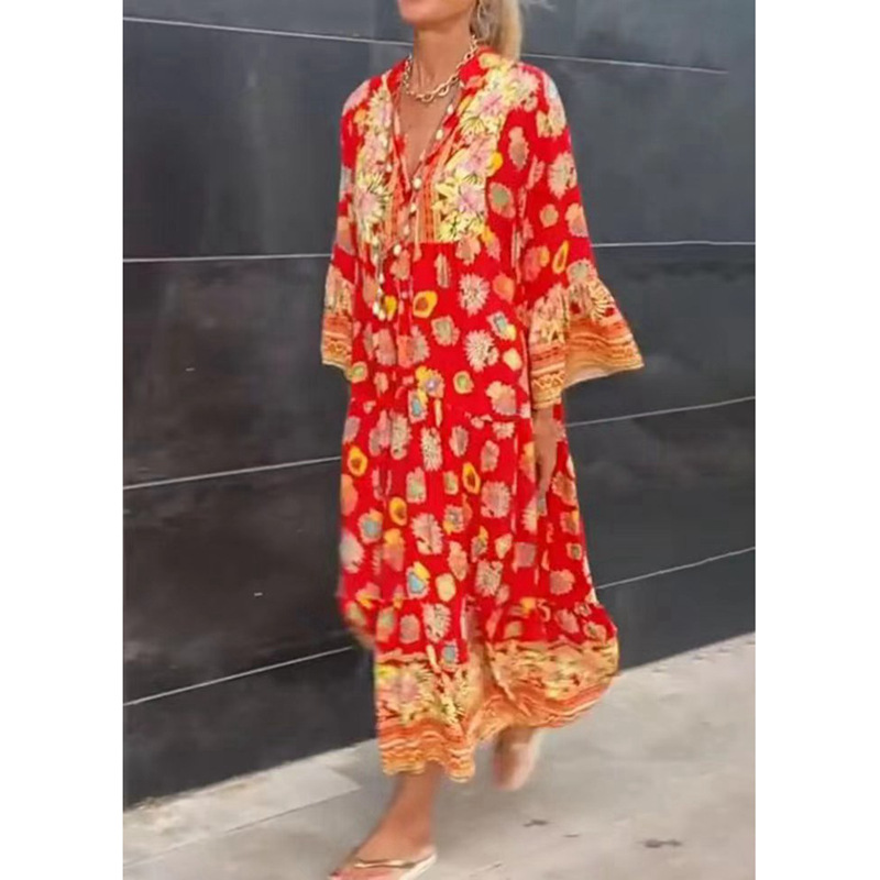 Women's Floral Print V-Neck Long Sleeve Maxi Dress with High Waist and Flared Skirt