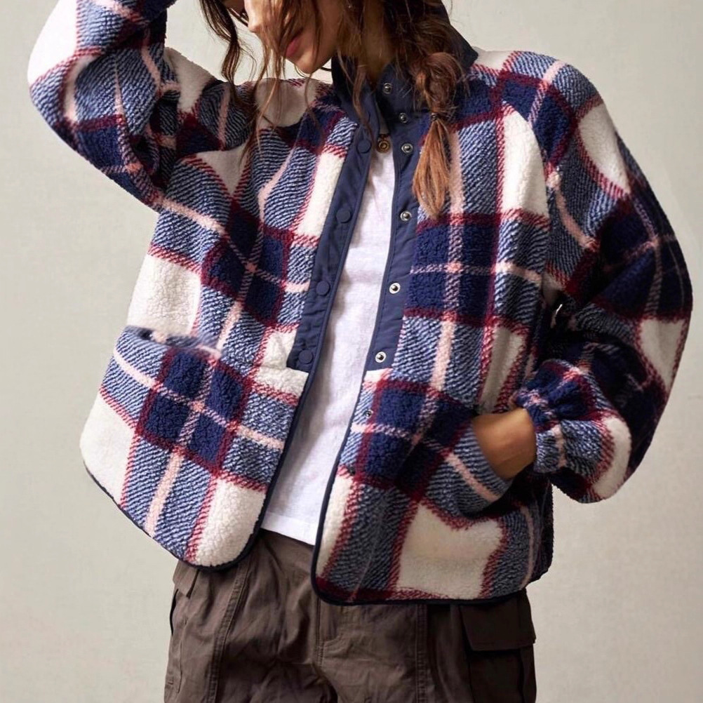 Women's Plaid Double-Faced Fleece Long Sleeve Cardigan Jacket