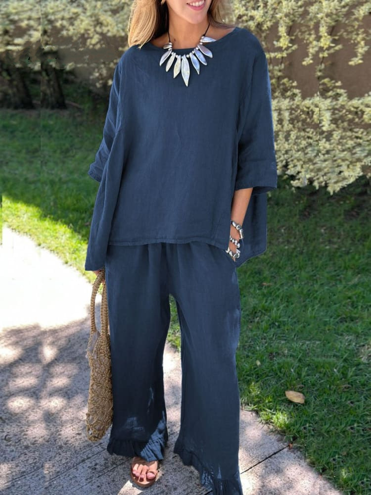 Women's Cotton-Linen Two-Piece Set Casual Solid Color Long Pants Outfit