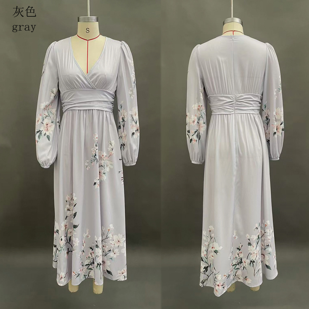 Floral Print V-Neck Pleated Long Sleeve Maxi Dress