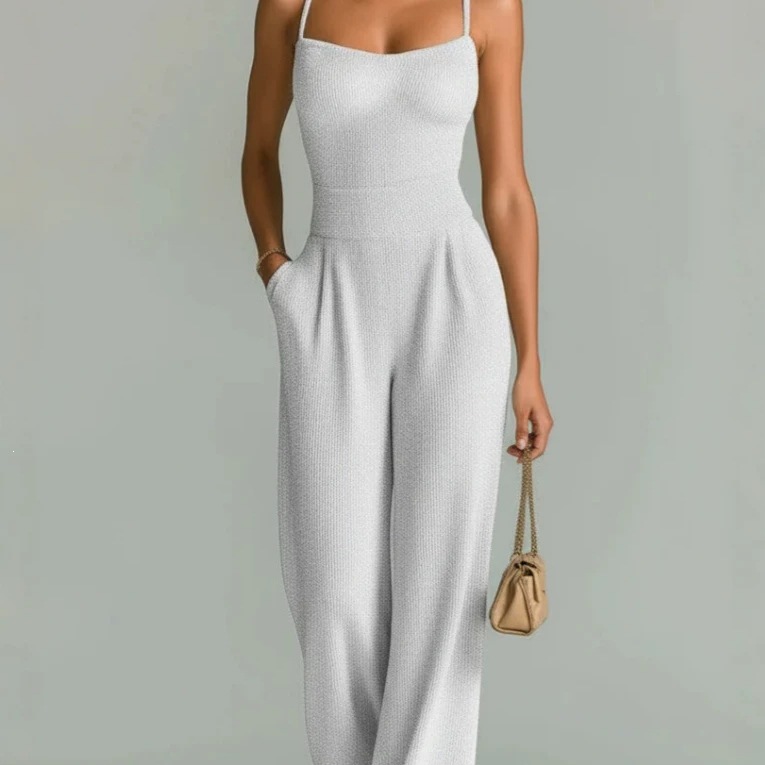 Women's Ribbed Knit Sleeveless Wide-Leg Jumpsuit Solid Color