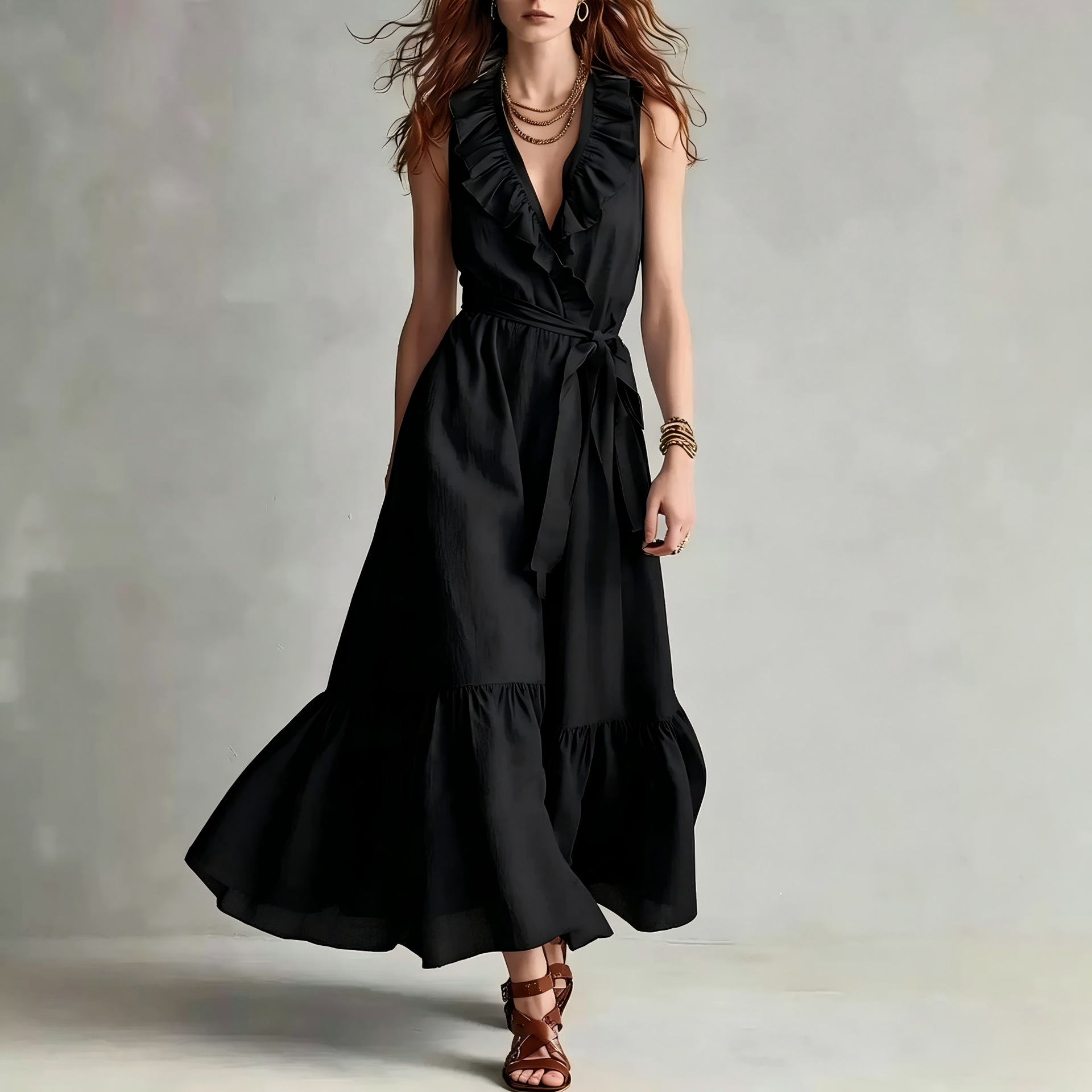 Solid V-Neck Sleeveless Lace-Up Ruffle Long Dress