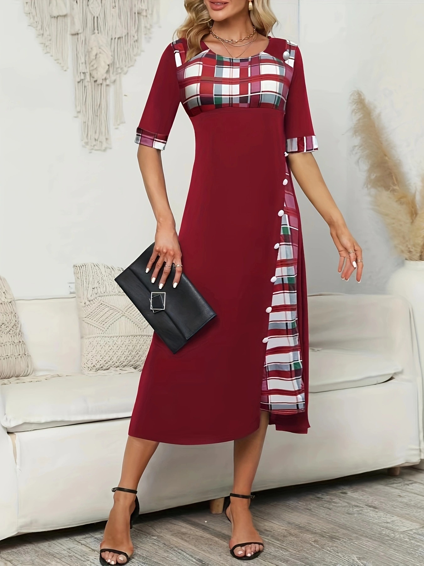 Irregular Plaid Patchwork Round Neck Half Sleeve Long Dress